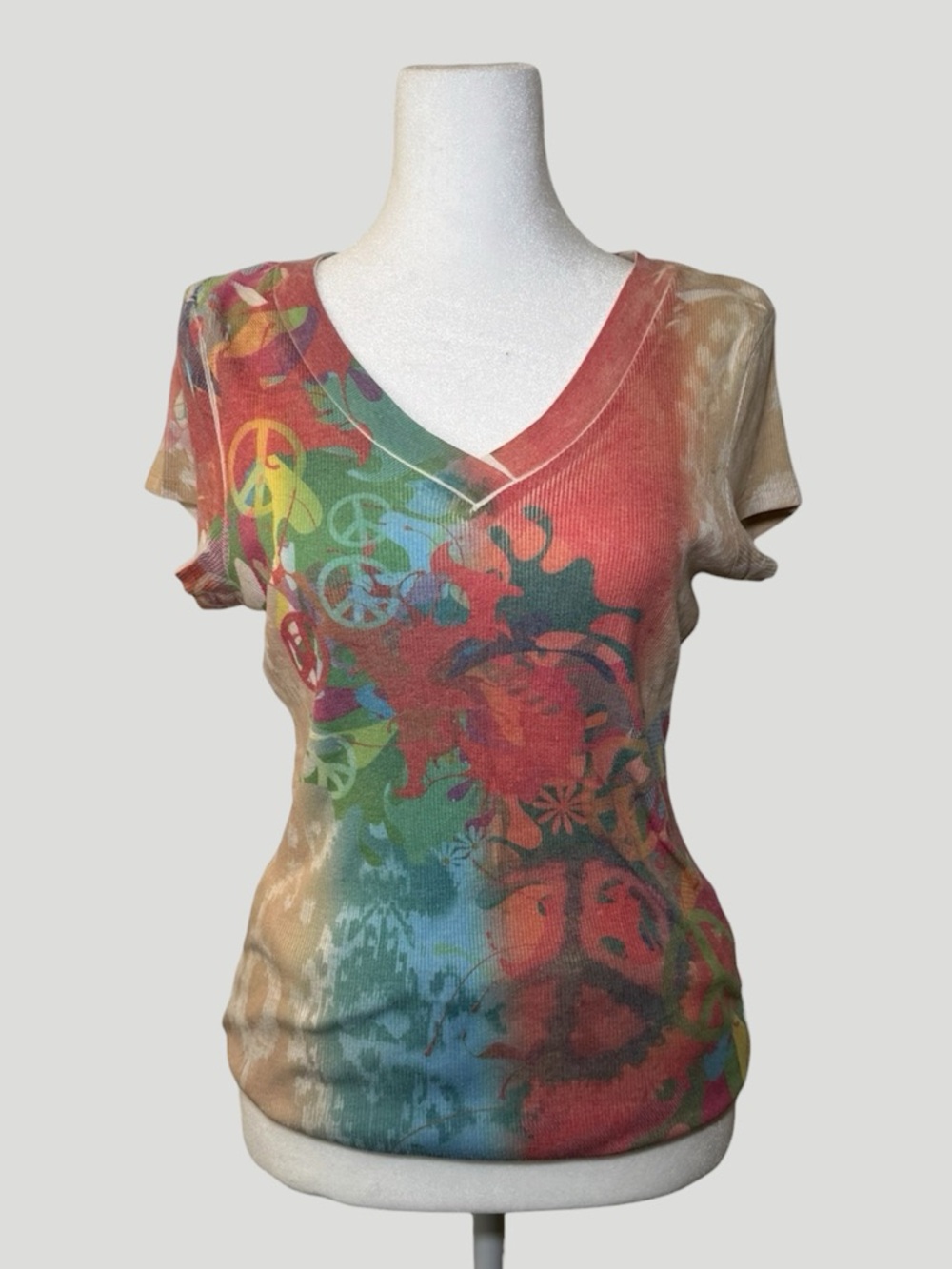 Retro Indie Style Tie Dye Multicolor Peace Sign Graphic V Neck Shirt
